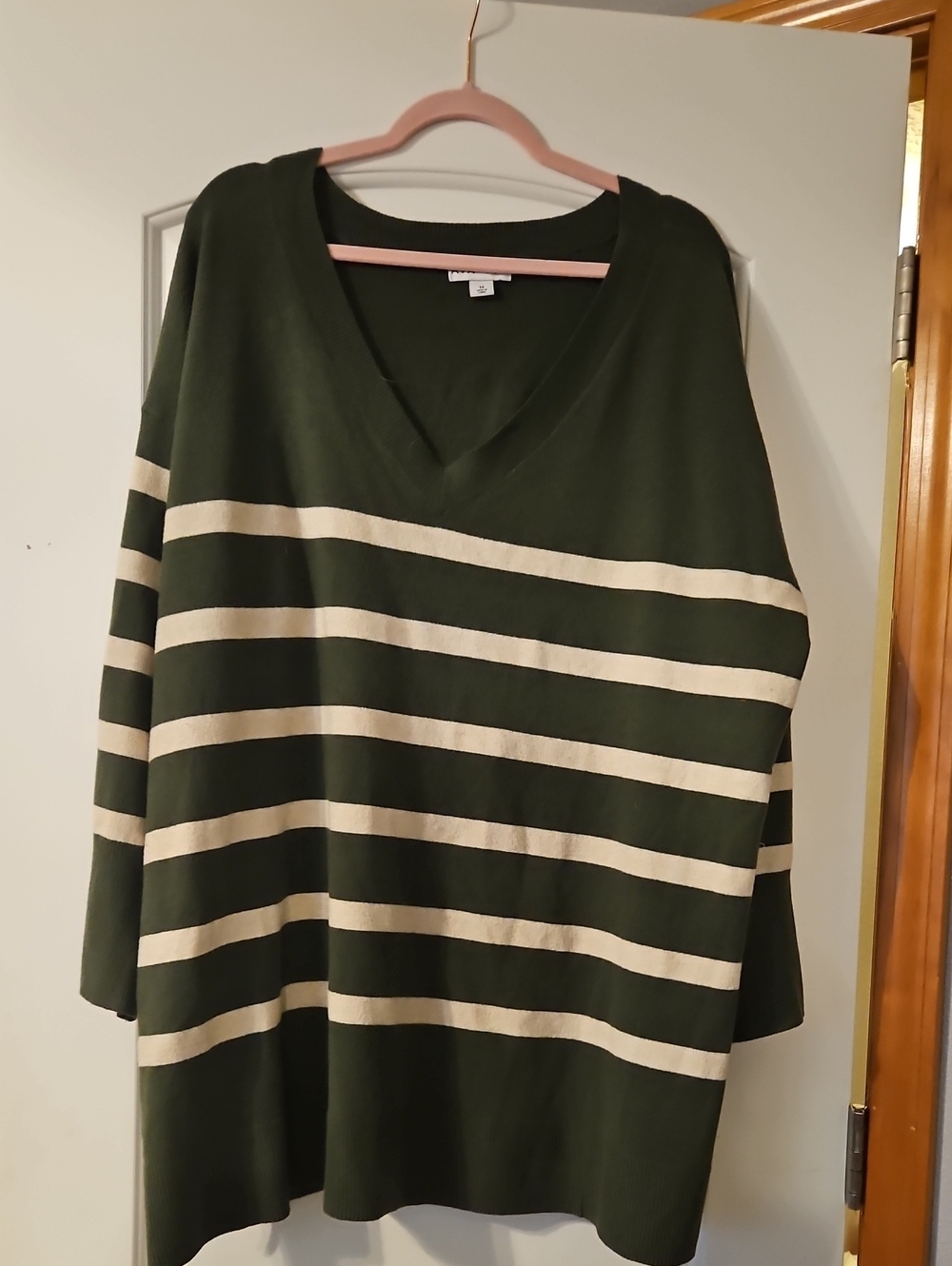 Ava & Viv Dark Green and Cream Striped V-Neck Sweater